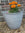 Wavy-patterned metal planter with orange flowers against a brick wall.