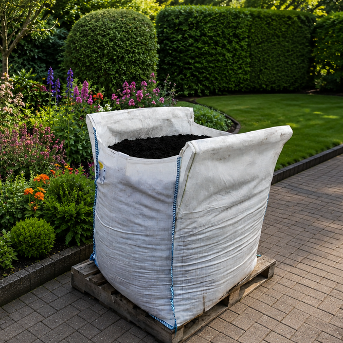 A large white bulk bag filled with compost on a wooden pallet beside a paved walkway in a landscaped garden bed with colorful flowers and green shrubs.