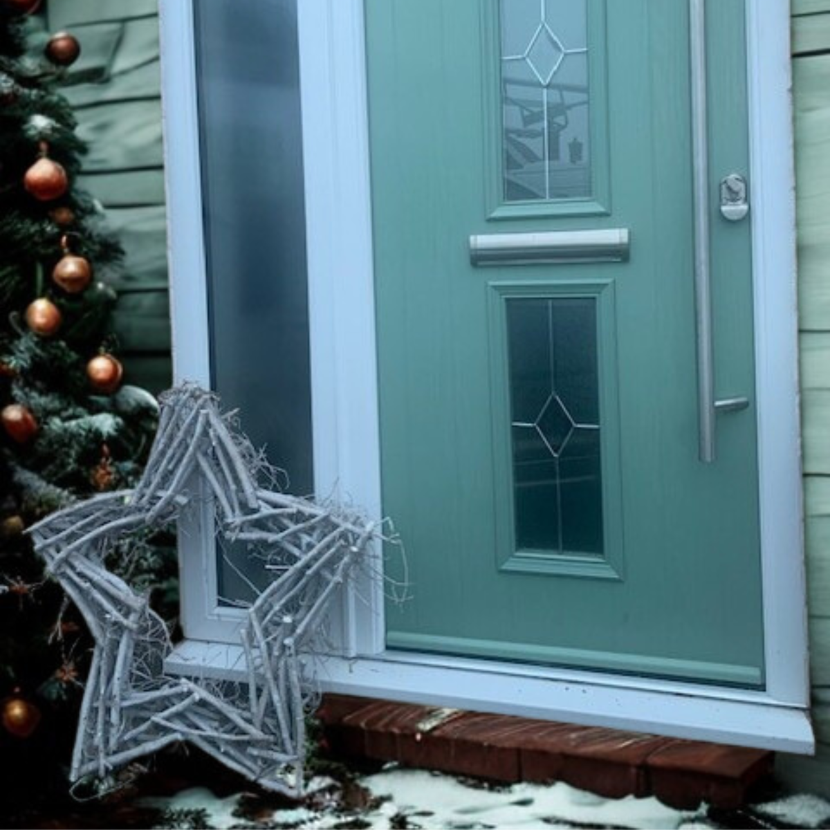Green door with decorative star wreath and Christmas tree in front