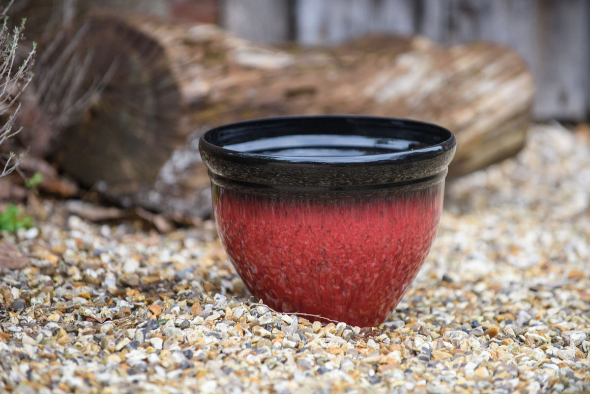 Red ceramic pot with black rim on a gravel surface