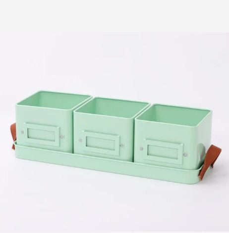 Light green three-compartment organizer with brown handles on a white background