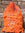 Orange mesh bag filled with carrots against a stone wall.