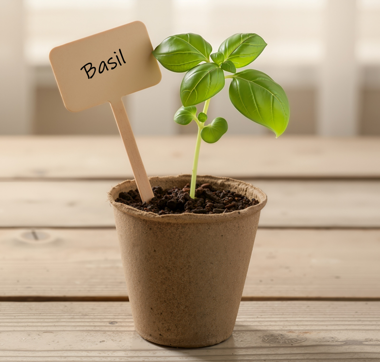 Potted basil plant with a sign on a wooden surface