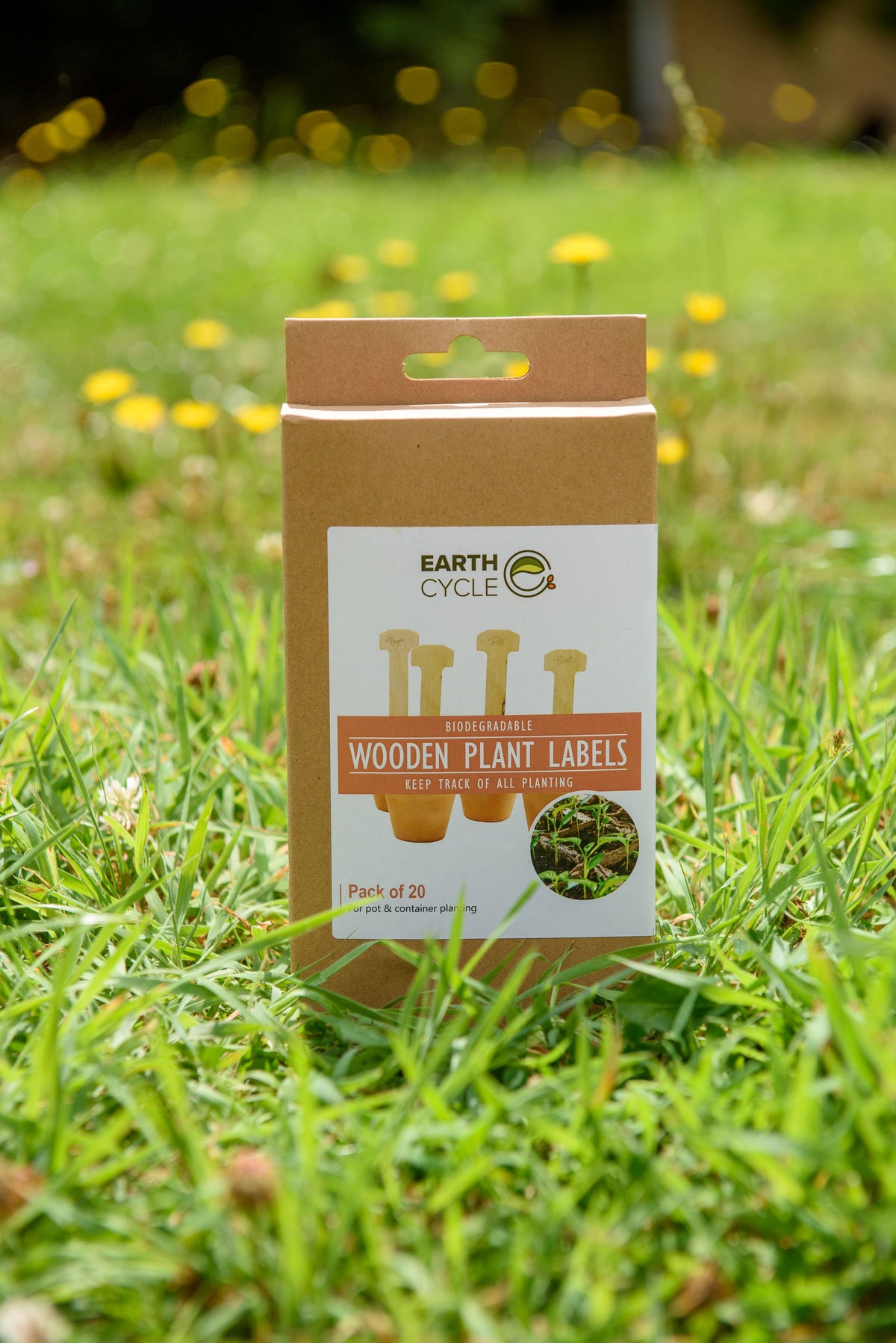 Earth Cycle wooden plant labels packaging on grass