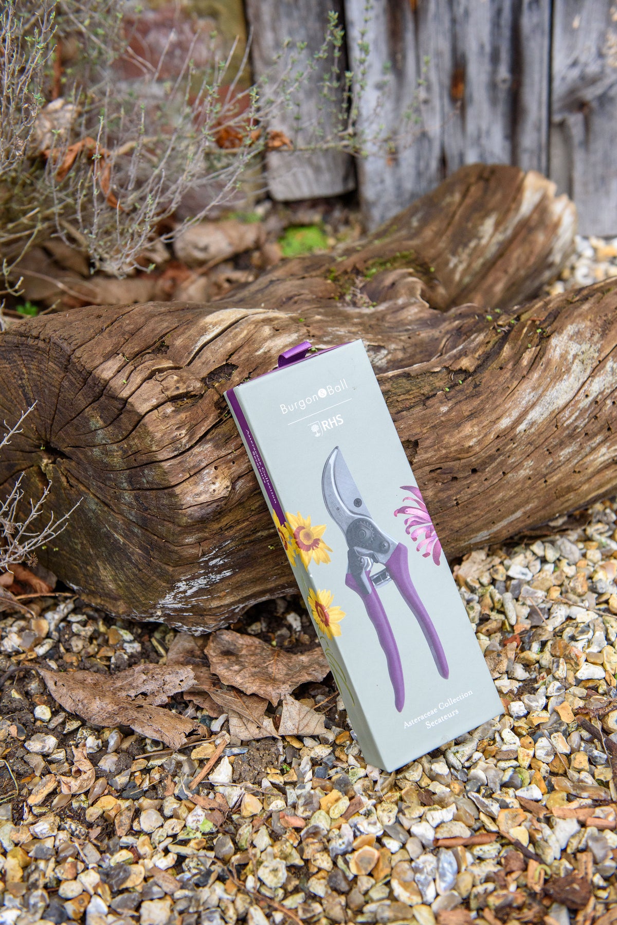 Box of garden shears on a wooden log with a natural background