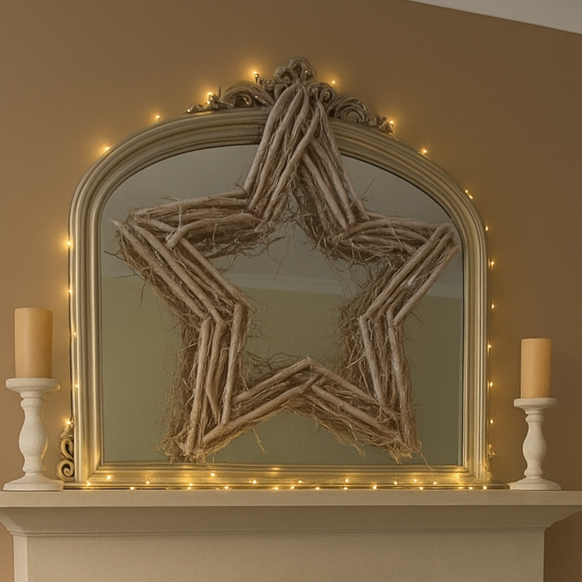 Decorative mirror with star wreath and string lights on a wall.