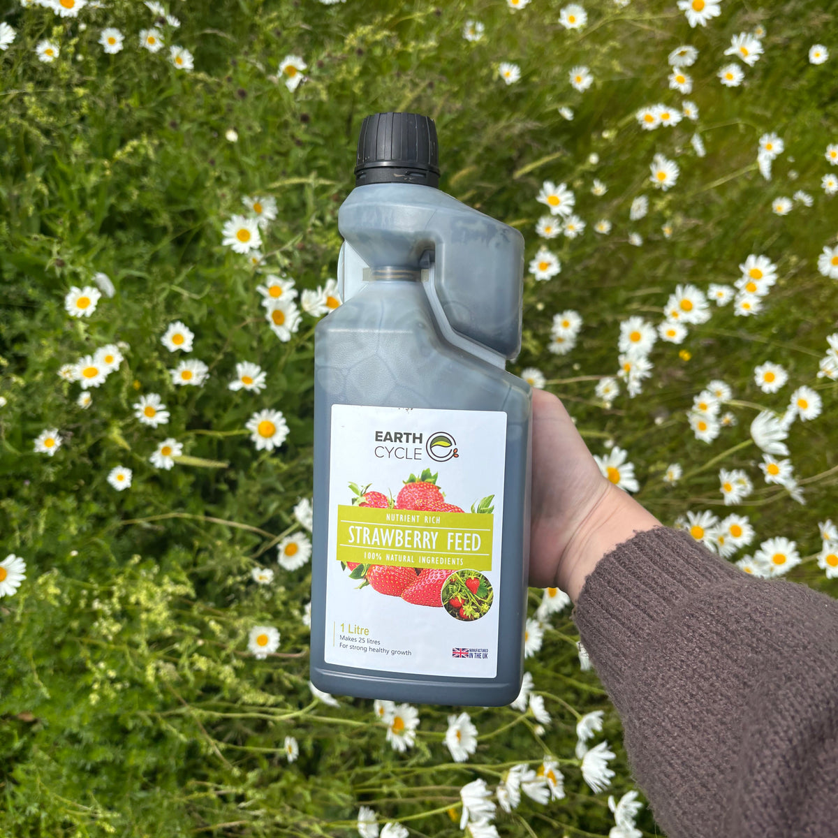 Hand holding a bottle of strawberry feed  labeled 'Earth Cycle' in a field with white flowers.