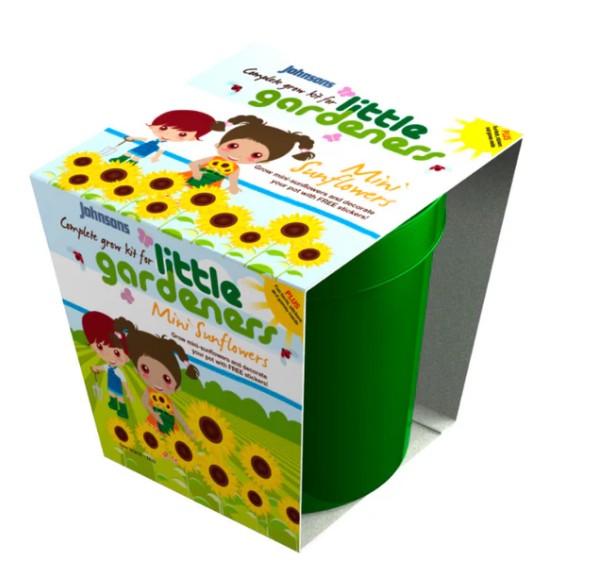 Box for 'Little Gardeners Mini Sunflowers' gardening kit with children and sunflower design.