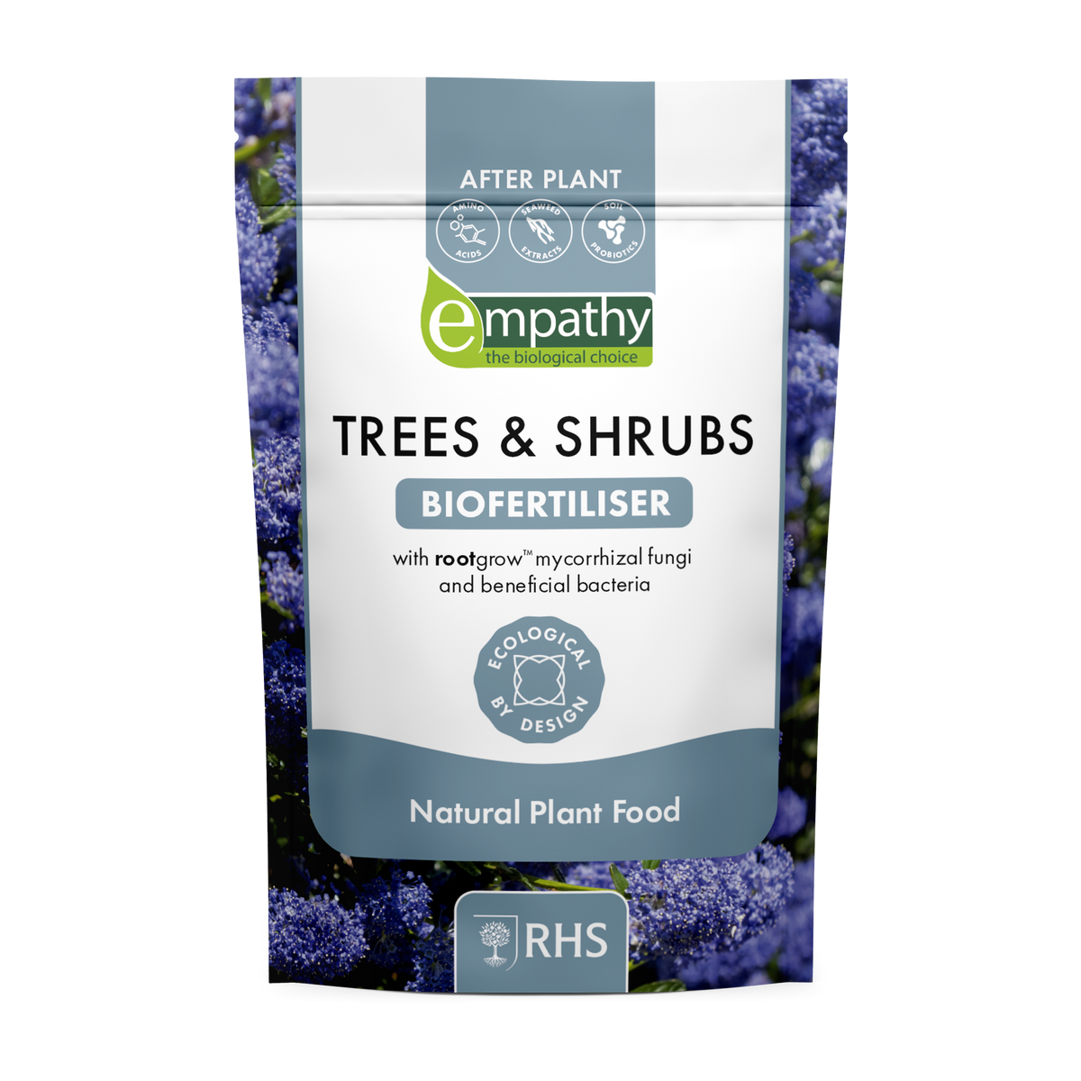Biofertilizer package for trees and shrubs with branding and certification logos on a white background.