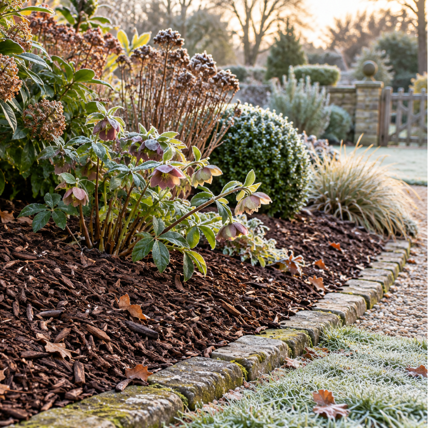 A frosty garden bed with dark brown wood mulch, various green and brown shrubs, and a stone edging next to a frost-covered lawn.