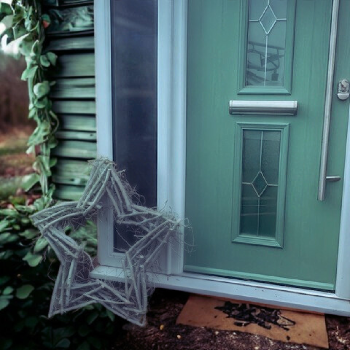 Green door with decorative star wreath made of wicker and doormat outside