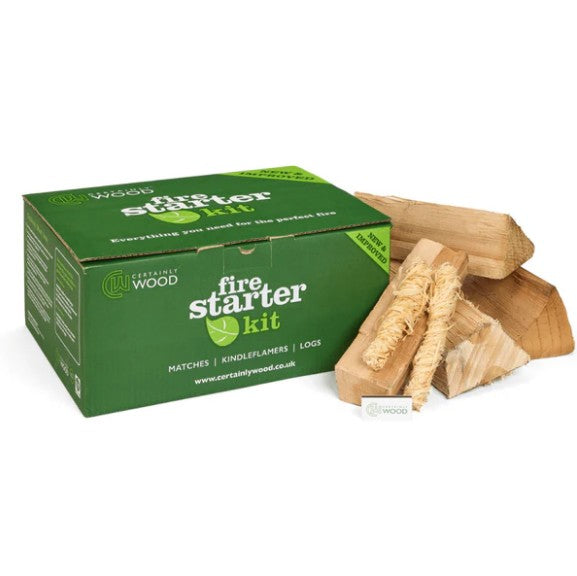 Fire starter kit with green packaging and wooden logs on a white background