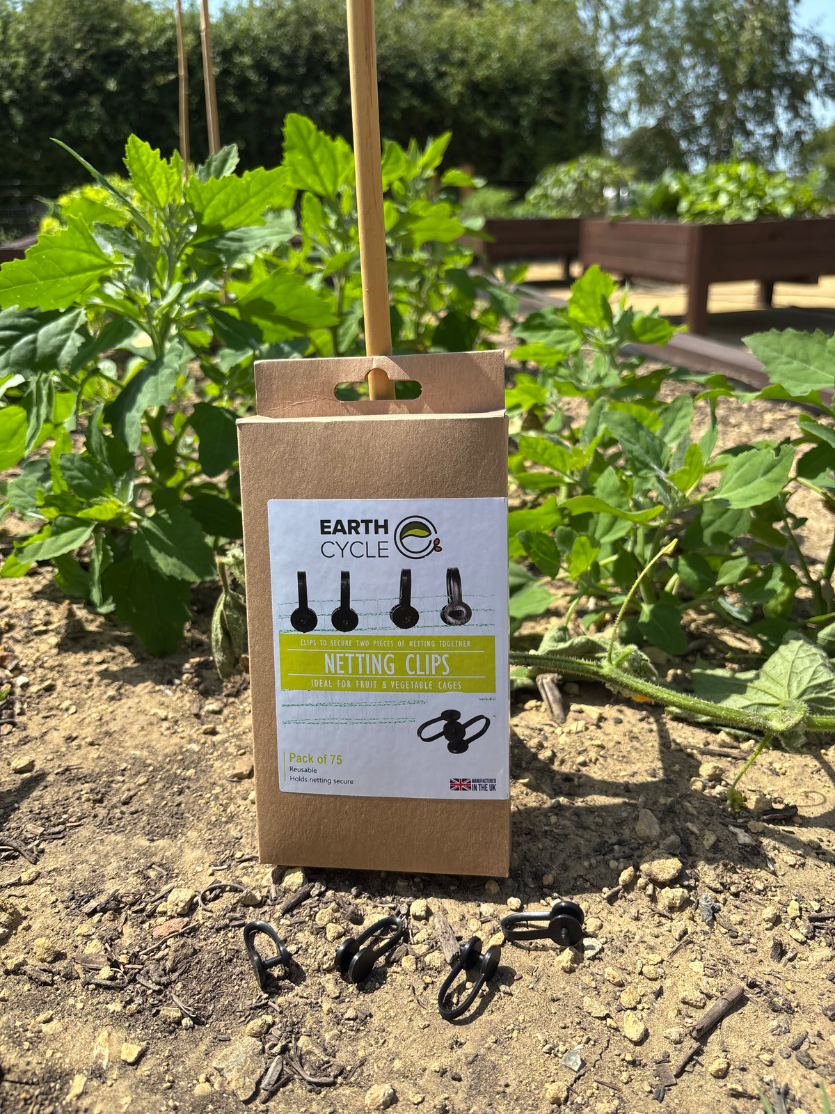Earth Cycle Netting Clips in a brown kraft paper box, set on a dirt garden path with green plants in the background.